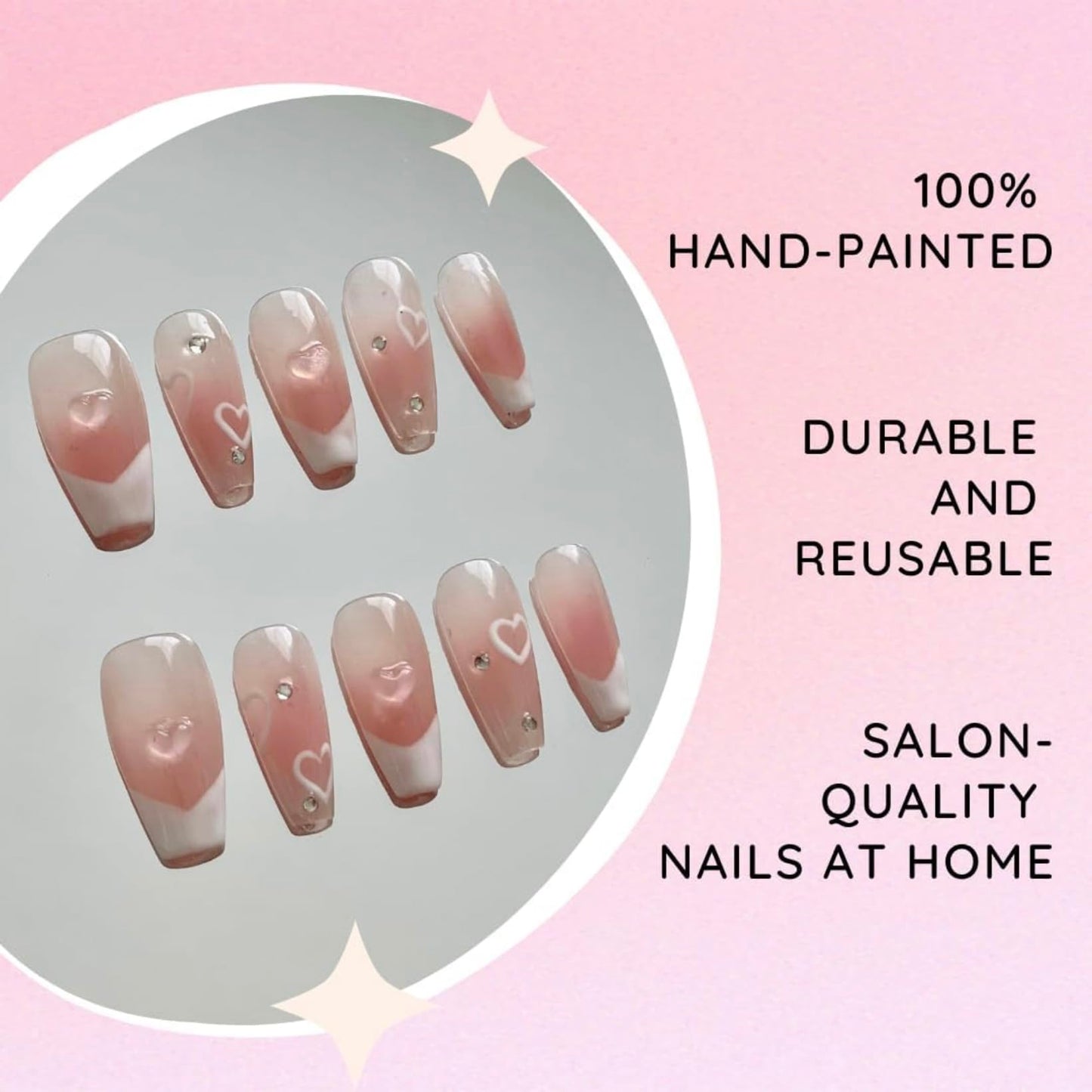 100% Hand-painted Cute Blush Nail Heart Square Medium Length Y2K Korean Japanese Douyin Inspired 3D Gemstones Durable Reusable Gel Acrylic Press-on Nails 10 pc set (L)