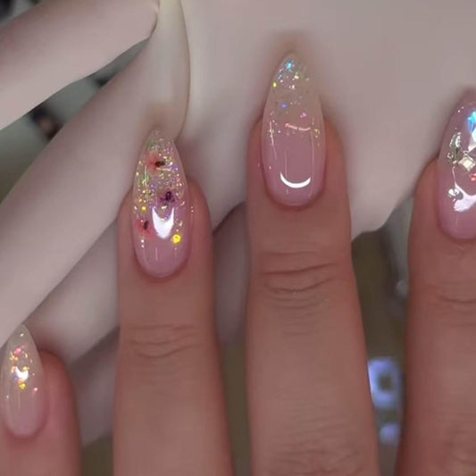 Hkanlre Gradient Pink Fake Nails Tips Bling Press on Nails Full Cover Almond False Medium Nails for Women 24PCS