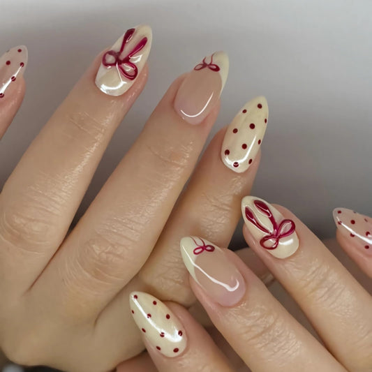 BABALAL Press On Nails, Medium Almond Fake Nails, Butter Yellow, Polka Dot, Chrome Pearl Design, 3D Red Bow, Glossy Acrylic Glue On Nails 24Pcs