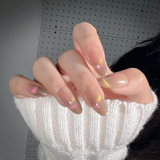 XZMeiLun Cat Eye Nude Smile Press On Nails Medium Almond, Designer Reusable Acrylic Fake Nails with Glue, Glossy Soft Gel Nails Wedding and Party, Stick On Glue On Nails, Nails Press Ons for Women