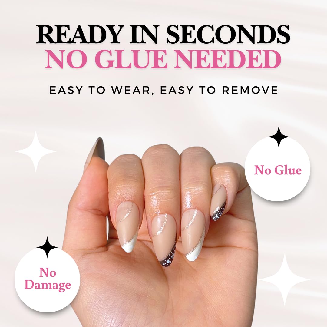 PerfectLook Press On Nails - Soft Tweed | No Glue Almond Matte Nude Nails with Black & White French Tips for Daily - 24 Pcs Nail Kit with Adhesive Tabs