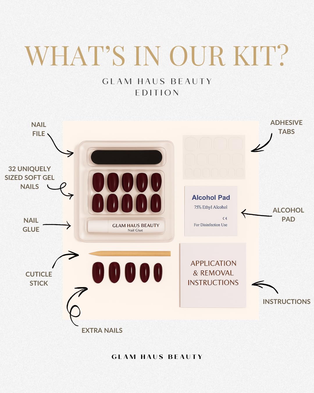Glam Haus Beauty Press On Nails Seduction | Short Square Fiery Red Glossy Finish Salon Quality | 16 Sizes - 32 Nail Kit with Glue & Adhesive Tabs