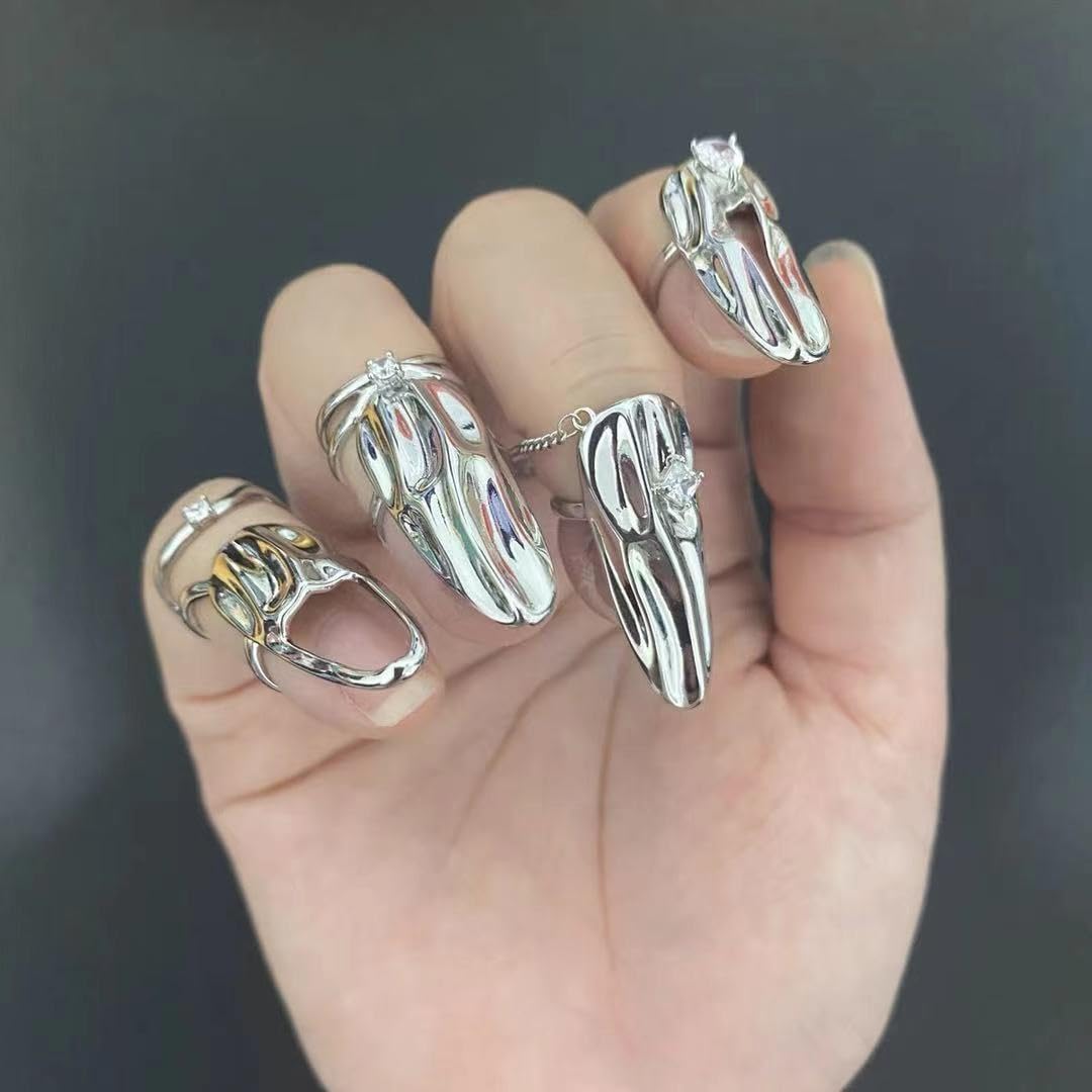 5Pcs Finger Tip Nail Rings for Women, Adjustable Opening Nail Art Charms Accessories, Finger Tip Ring Claw Rings Nail, Irregular Fingertip Nail Armor Ring Punk Jewelry Set (Silver)