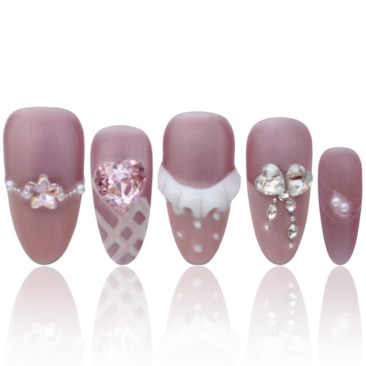 Luxury Rhinestones Handmade Acrylic Press On Nails Handmade Acrylic Press On Nails French Medium Almond Pink Nails Women Gifts Reusable Nails COOLYOUNG 15 PCS, Size L