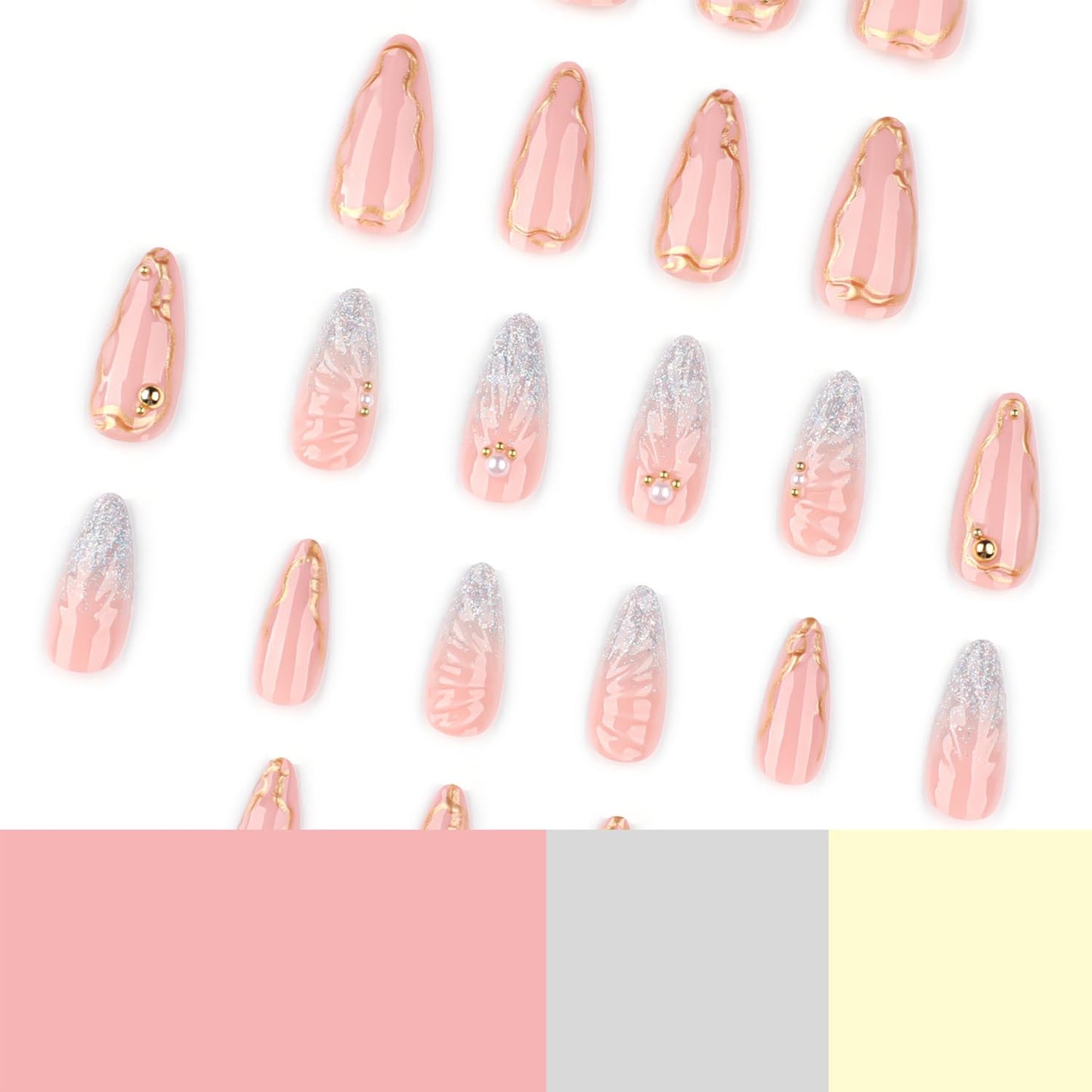 24pcs French Tip Press on Nails Medium Almond Fake Nails Pearl Full Cover Silver Glitter Design Gold French Ripple Line False Nails Acrylic Nail Cute Finger Manicure Decor Artificial Nails for Women