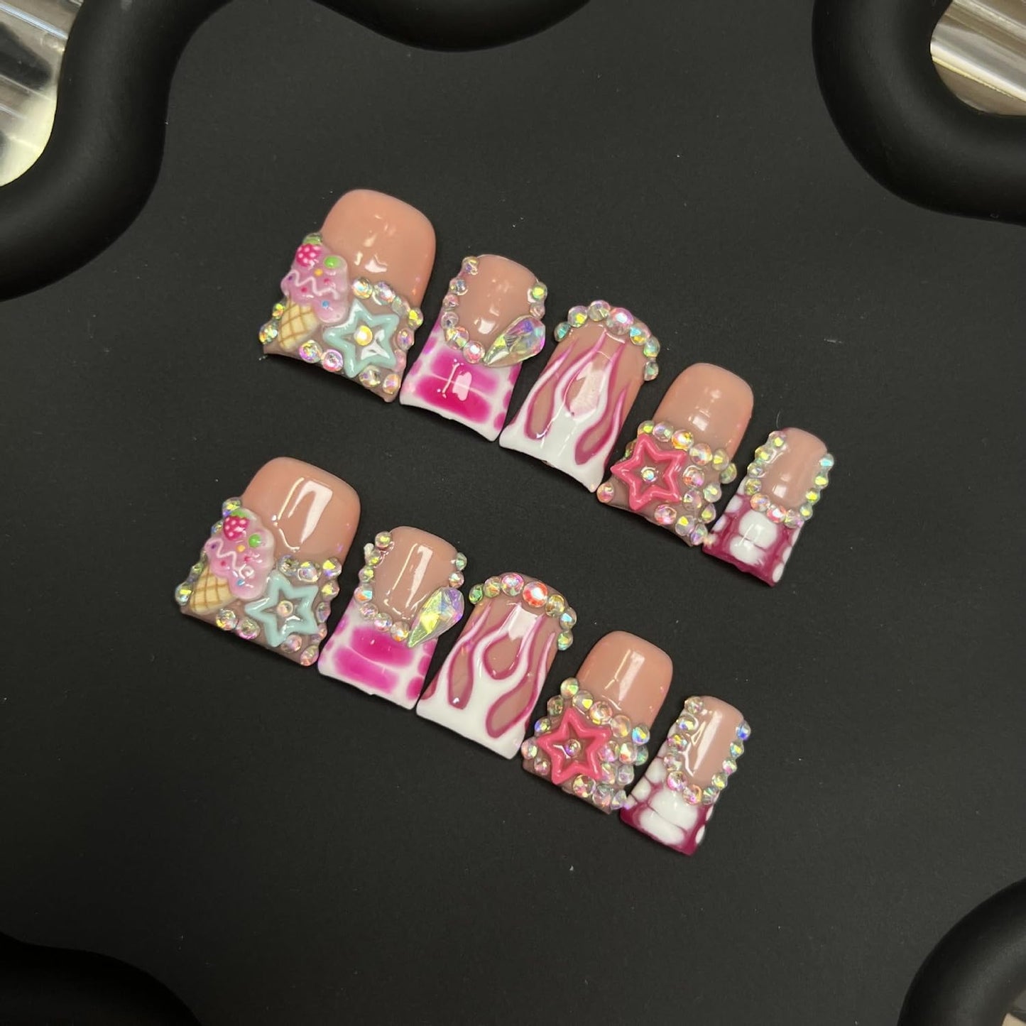 Handmade Press on Nails Short Duck 3D Rhinestones French Tip Thick Acrylic Fake Nails Pink False Nails with Cute Stars Ice Cream Designs Muti-Layer Gel Stick on Nail Art Press on Nail for Women（M)
