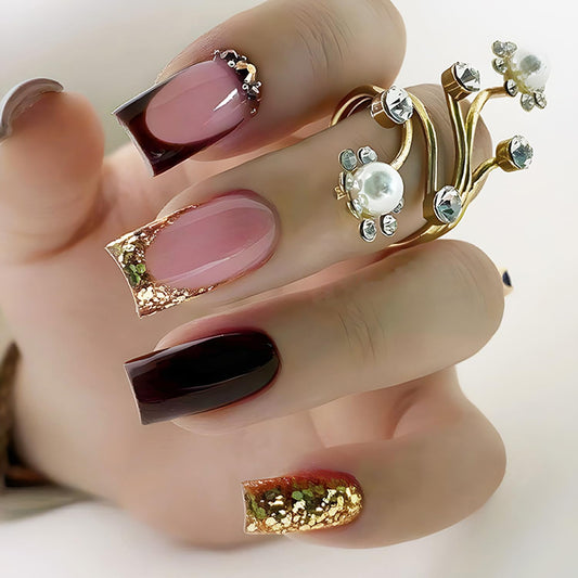 Press On Nails Square Gold French False Nails Glitter Sequins Rhinestones Design Short Full Cover Artificial Acrylic Coffin Nails Reusable Glue on DIY Stick on Nails for Women 24Pcs