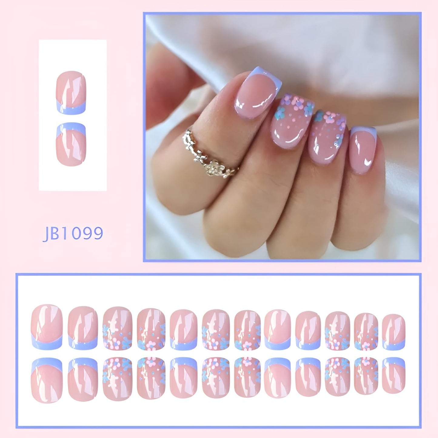 Flower Press on Nails Short Square Fake Nails French Tip Nails Press Ons Summer Spring False Nails Purple Blue Glue on Nail Glossy Full Cover Stick on Nail for Women Decorations Set 24Pcs