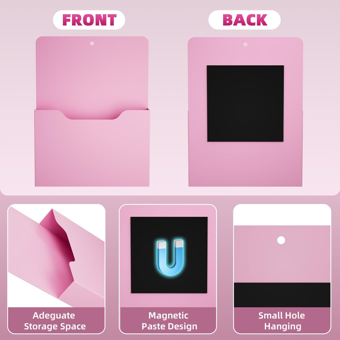 Marbrasse 2 Pack Magnetic File Holder - Paper Holder, Pocket Organizer,Hanging Wall File Organizer Office Supplies Storage, Magazine Mail Organizer Case for Notebooks,Planners,Letter (Pink)
