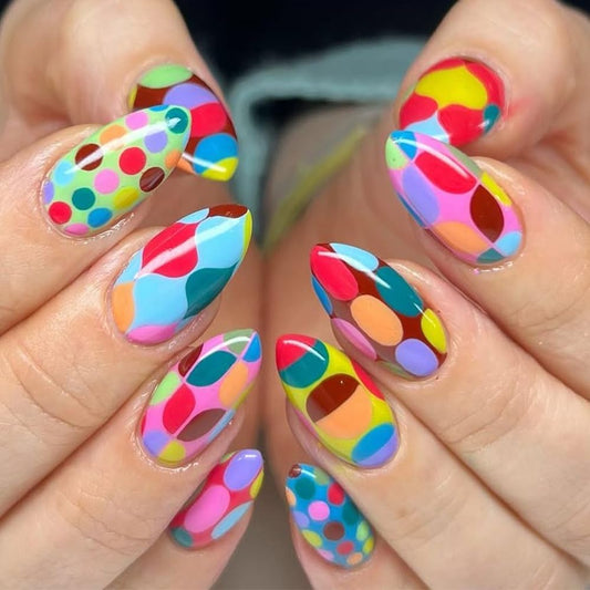 plalely Almond Press on Nails Medium Gradient Fake Nail Big Colorful Polka Dot Acrylic Nail Press ons Stick on Nail for Women 24pcs