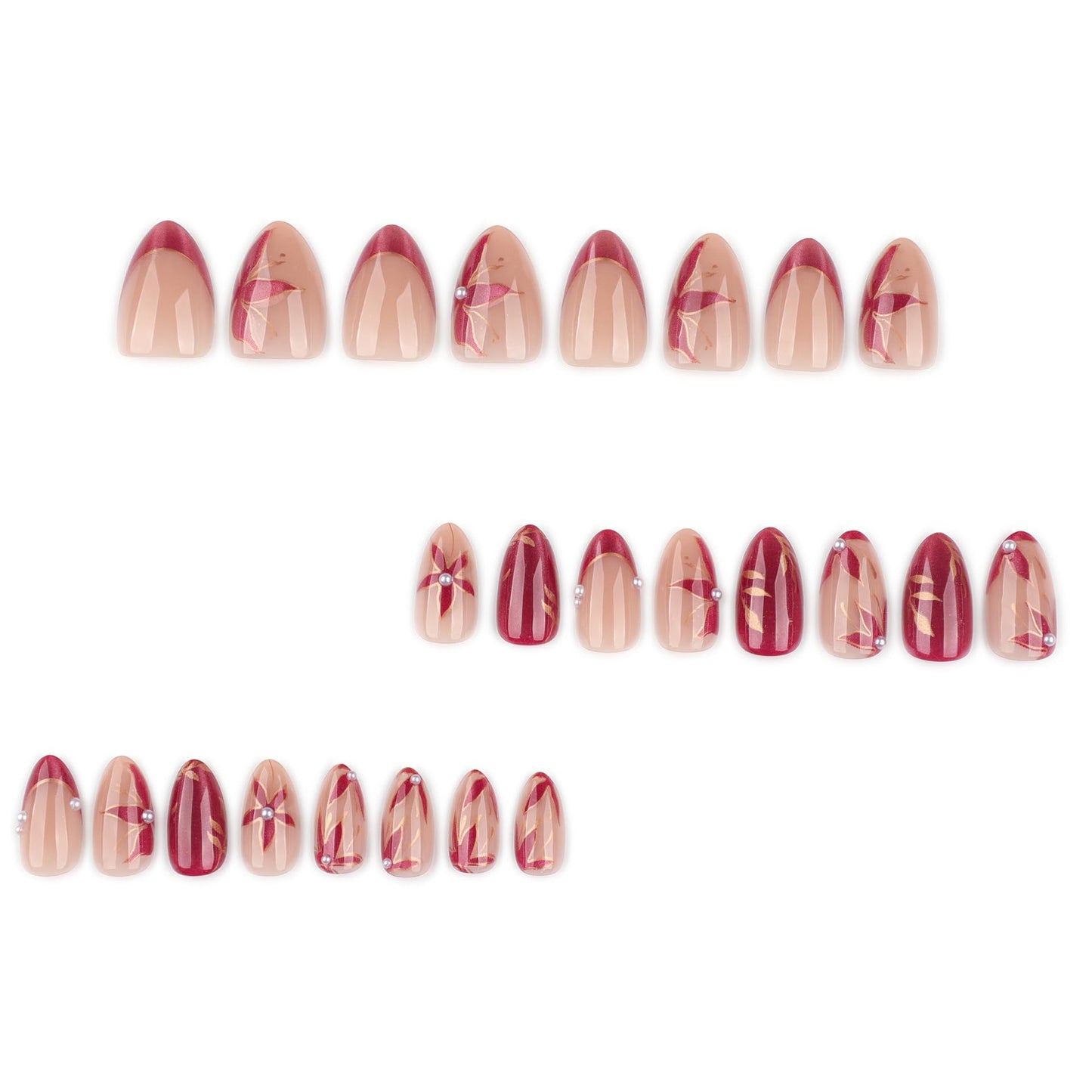CTTHNBD Press on Nails Almond - Short Fake Nails with Flower Leaf Design - Glossy Full Cover Stick on False Nails - for Women 24 Pcs