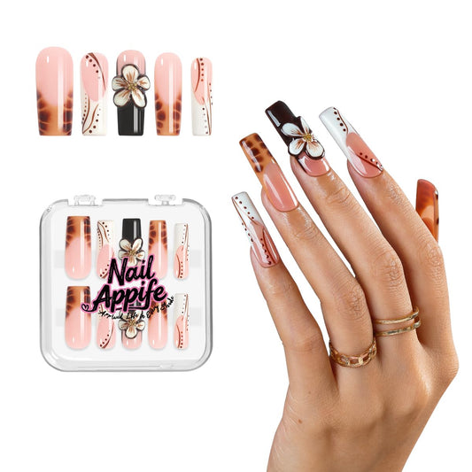 Handmade Acrylic Square Press-On Nails 10pcs, Brown & White Glossy Tips with 3D Floral Art, Tortoise Shell Gradient French Design, Reusable Full Cover Nail Set – Appife