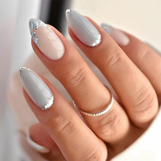 IMSOHOT Press on Nails - Gray Blue | Medium Almond Fake Nails, Glitter, Flower Glossy False Nails - Acrylic Gel Glossy Glue on Nails | 12 Sizes - 24 Nail Kit