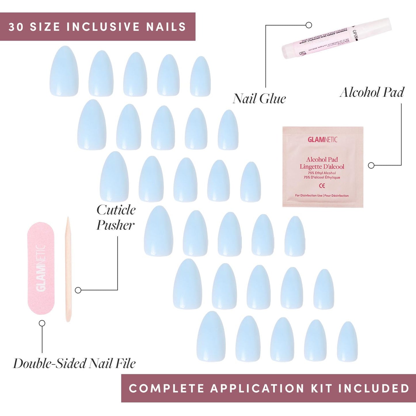 Glamnetic Press-On Nails Bundle - Blueberry Milk & Merlot | Opaque Light Blue Short Almond Nails | Matte Short Almond Dark Red Nails with Glossy French Tips | Reusable, Salon-Quality Nail Kits