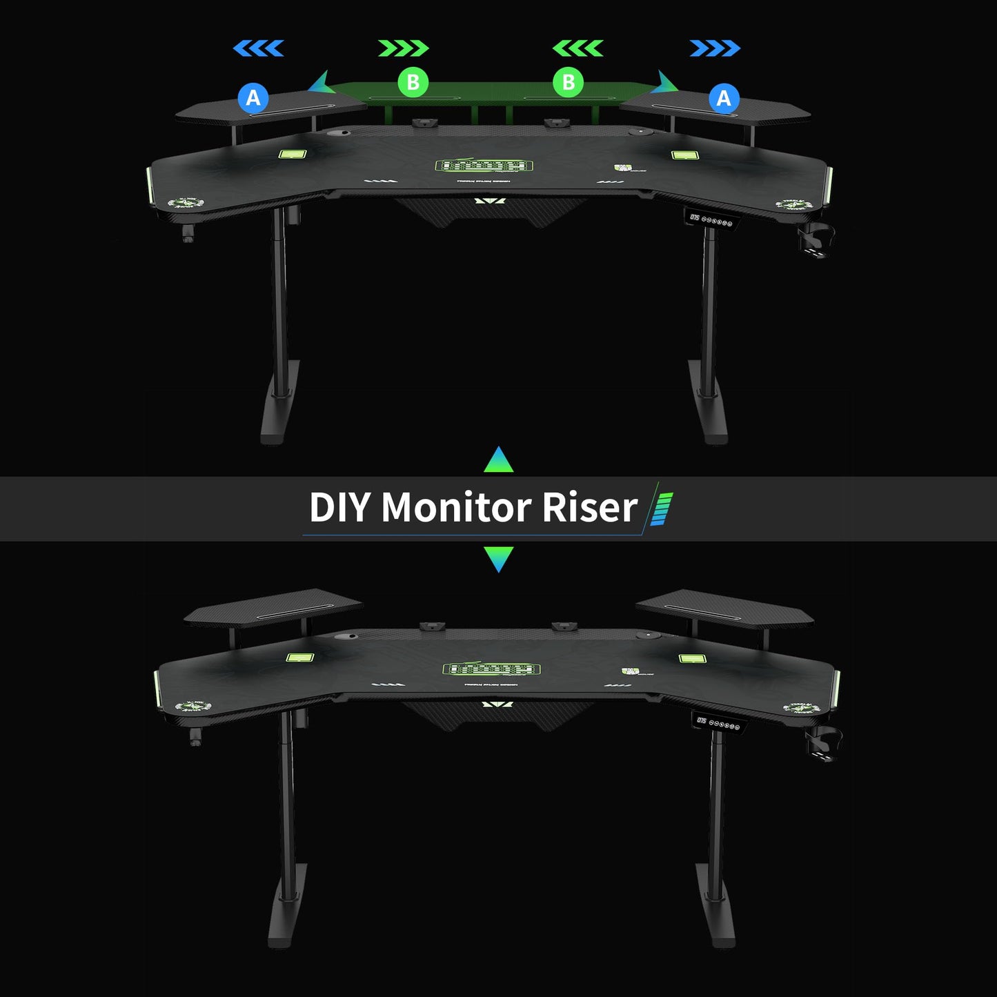 Klobel 72" Standing Gaming Desk with Dual Motor, Wing-Shaped Computer Desk with Full Coverage Mouse Pad, Electric Height Adjustable Standing Desk with RGB LED Lights and Slot Design Shelves