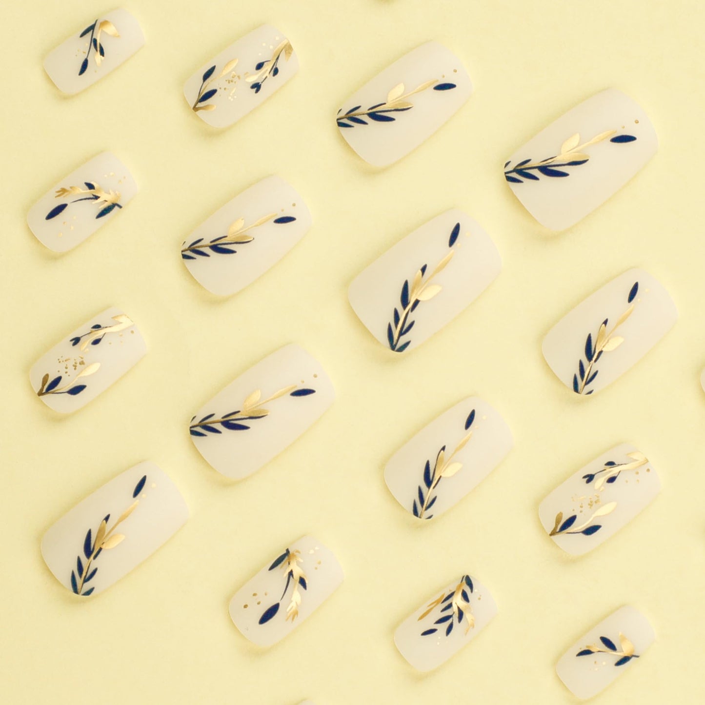 Gold Blue Leaves Press on Nails Medium Square Fake Nails Spring Summer White Matte False Nails Gold Foil Design Acrylic Glossy Artificial Fingernails Spring Stick on Nails for Women 24Pc