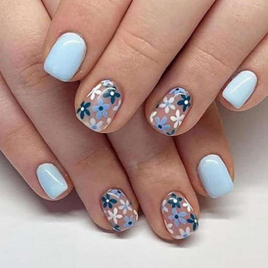 Short Press on Nails Square Fake Nails with Flower Designs Blue Nails Press ons Glossy Glue on Nails Spring Acrylic Nails Nude False Nails Artificial Stick on Nails for Women 24Pcs