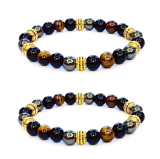 WEFRIN Triple Protection Bracelet for Bring Luck and Prosperity Hematite Black Obsidian Tiger Eye Stone Bracelets for Men Women, Beaded Buddha Healing Rope Uni Bracelet (2pcs) (E)