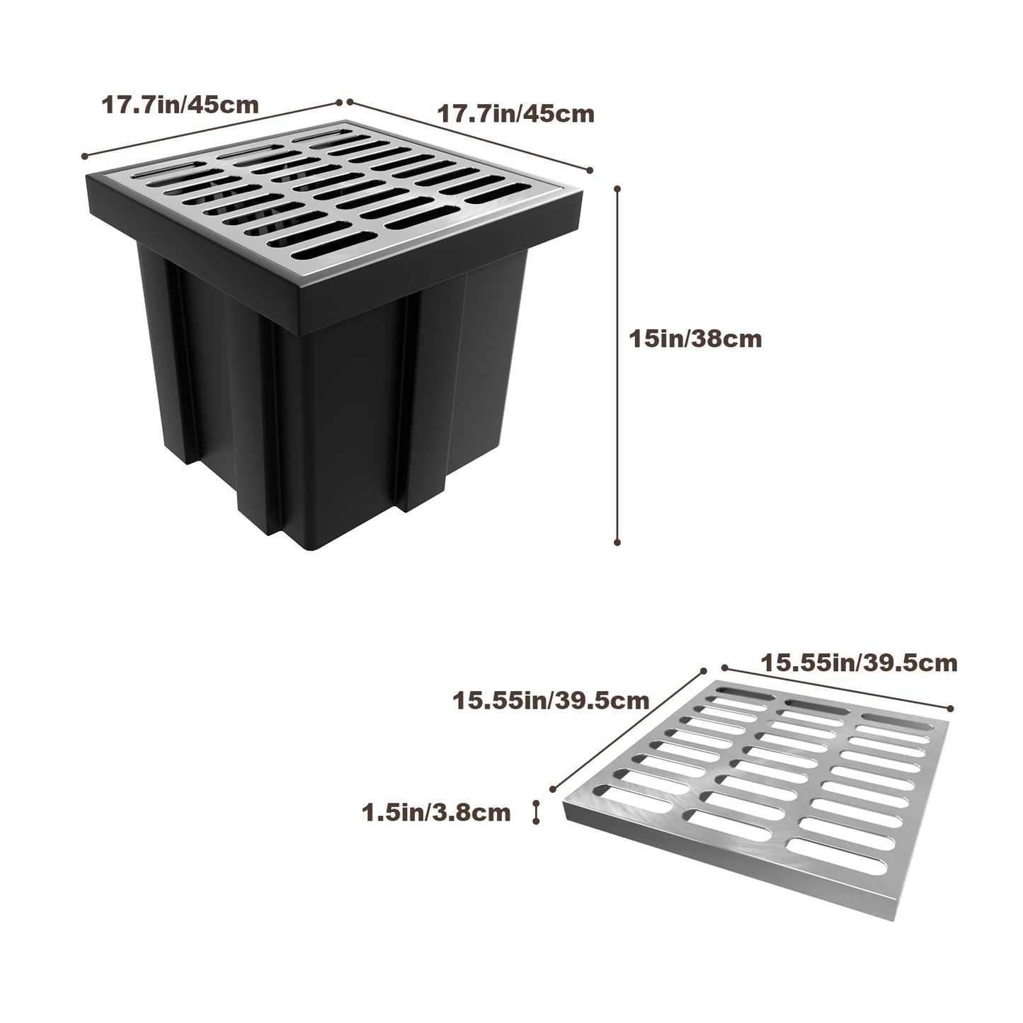Catch Basin with 304 Stainless Steel Grate, 18x18x15 in Large Drainage Catch with Debris Basket, French Drain Basin Without Reserved Hole for Yard, Downspout, Patio, Municipal Pipeline (1)
