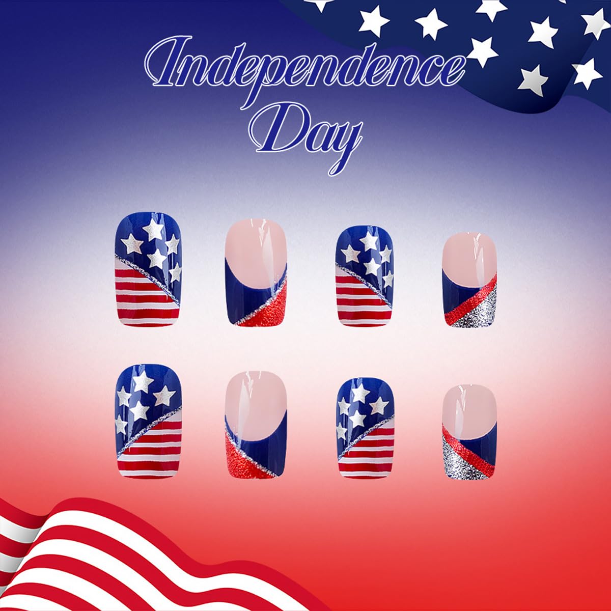 24Pcs 4th of July Press on Nails Short Square French Tip Fake Nails with Red Silver Glitter Design American Flag Star False Nails Independence Day Glue on Nail Full Cover Stick on Nail for Women DIY