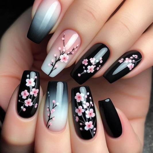 24Pcs Medium Press on Nails Coffin Shaped Fake Nails with Designs Black Gradient Nails Press ons Full Cover Stick on Nails Spring Glue on Nails False Nails for Women Girls Manicure Art
