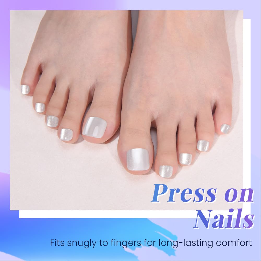 evpct Pearl White Cateye Press on Toenails for Women, Glossy Glitter Fake Toe Nails Women Girls Gift, Soft Gel Press Stick On Toenail with Kit Perfectly Fit Full Cover Reusable Cateye Fake Toenails
