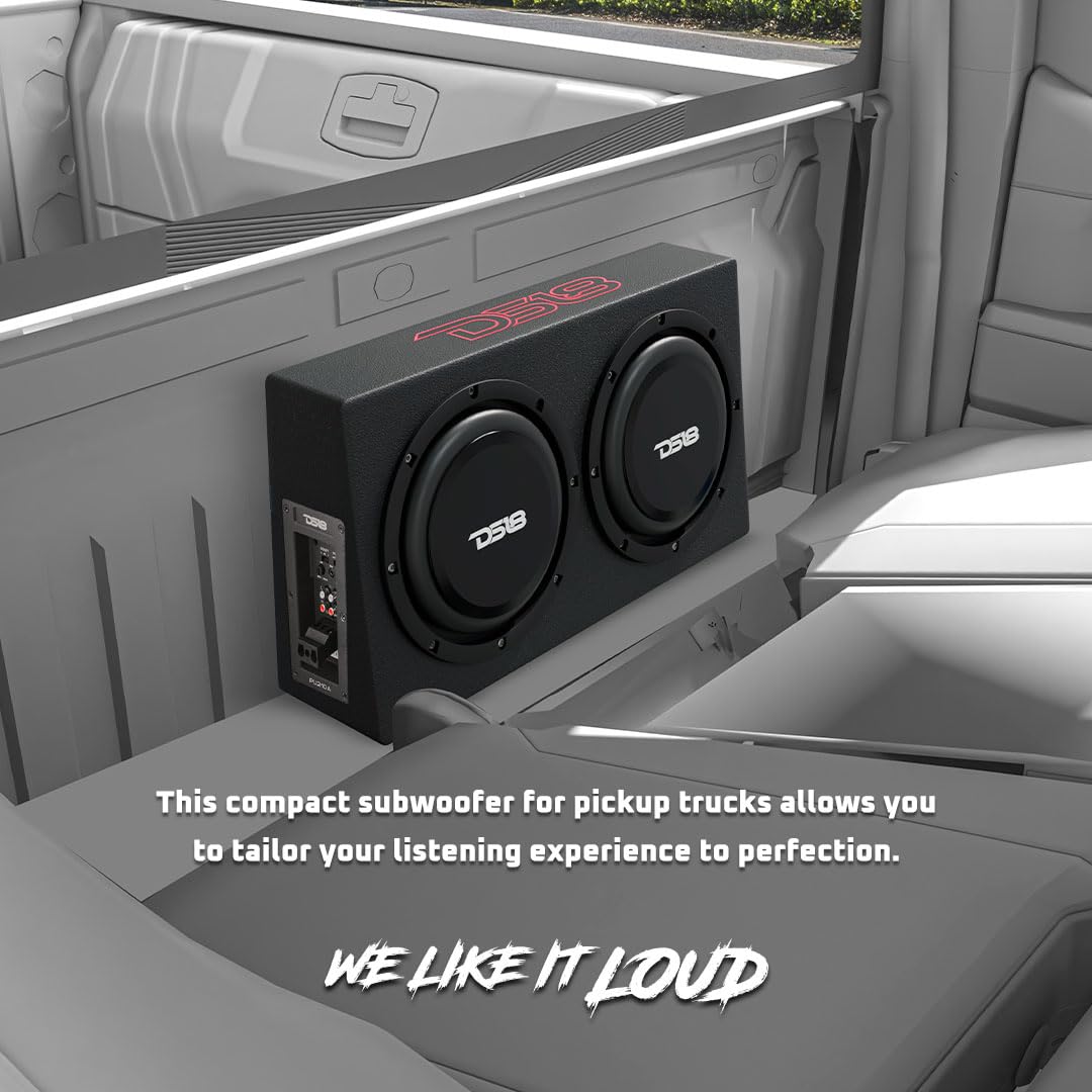 DS18 PU210A 10" Active Subwoofer Shallow Enclosure with 10" Passive Subwoofer for Pick-Up Trucks, Enclosure with Dual 10" Subwoofers 350 Watts Each, Designed for Tight Spaces, Great for Trucks