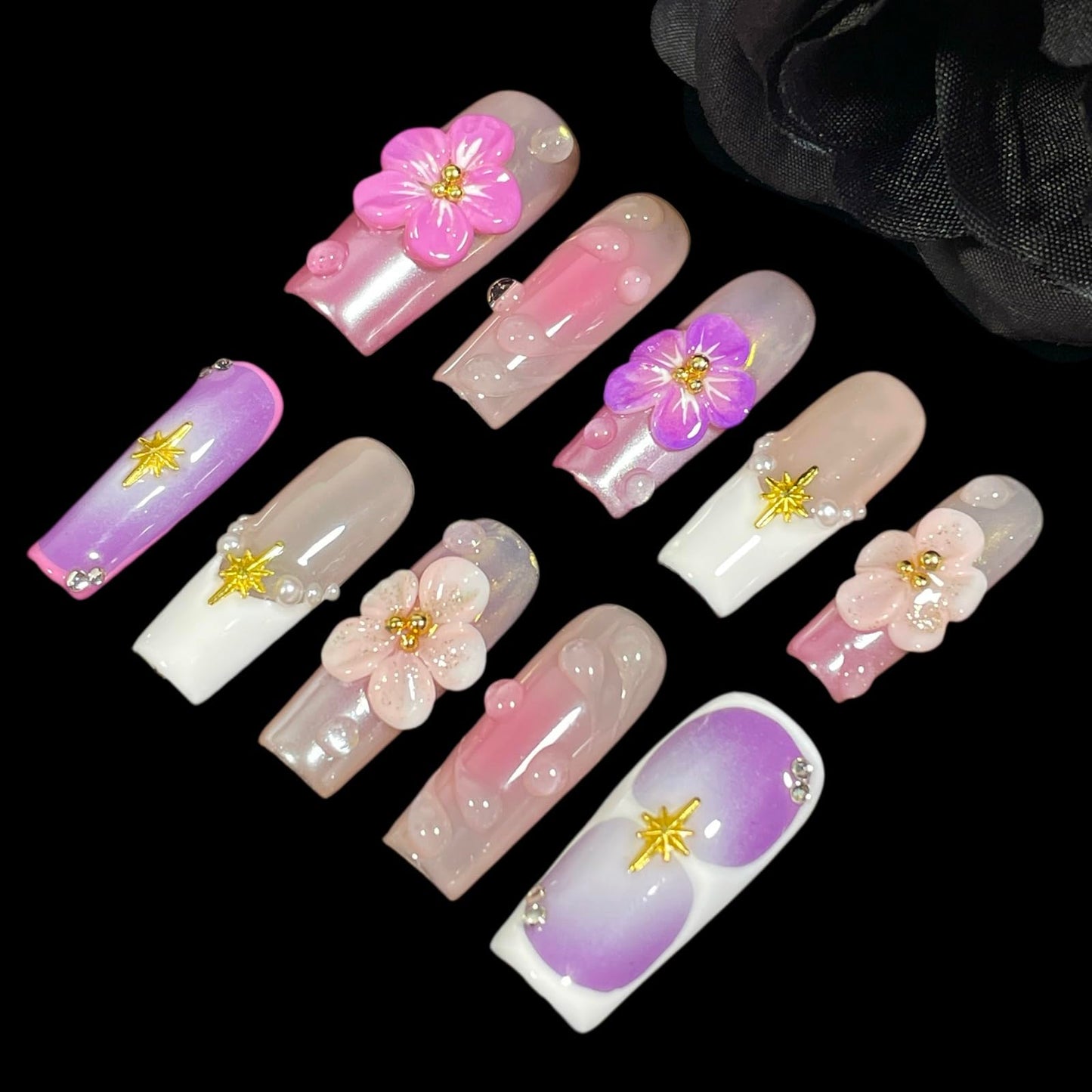 Handmade Press On Nails Medium/Long Square Pink 3D Sakura Design - Reusable French Acrylic Fake Nails with Gold Stars & Pearls, Luxury Cherry Blossom False Nails (Sakura, L)