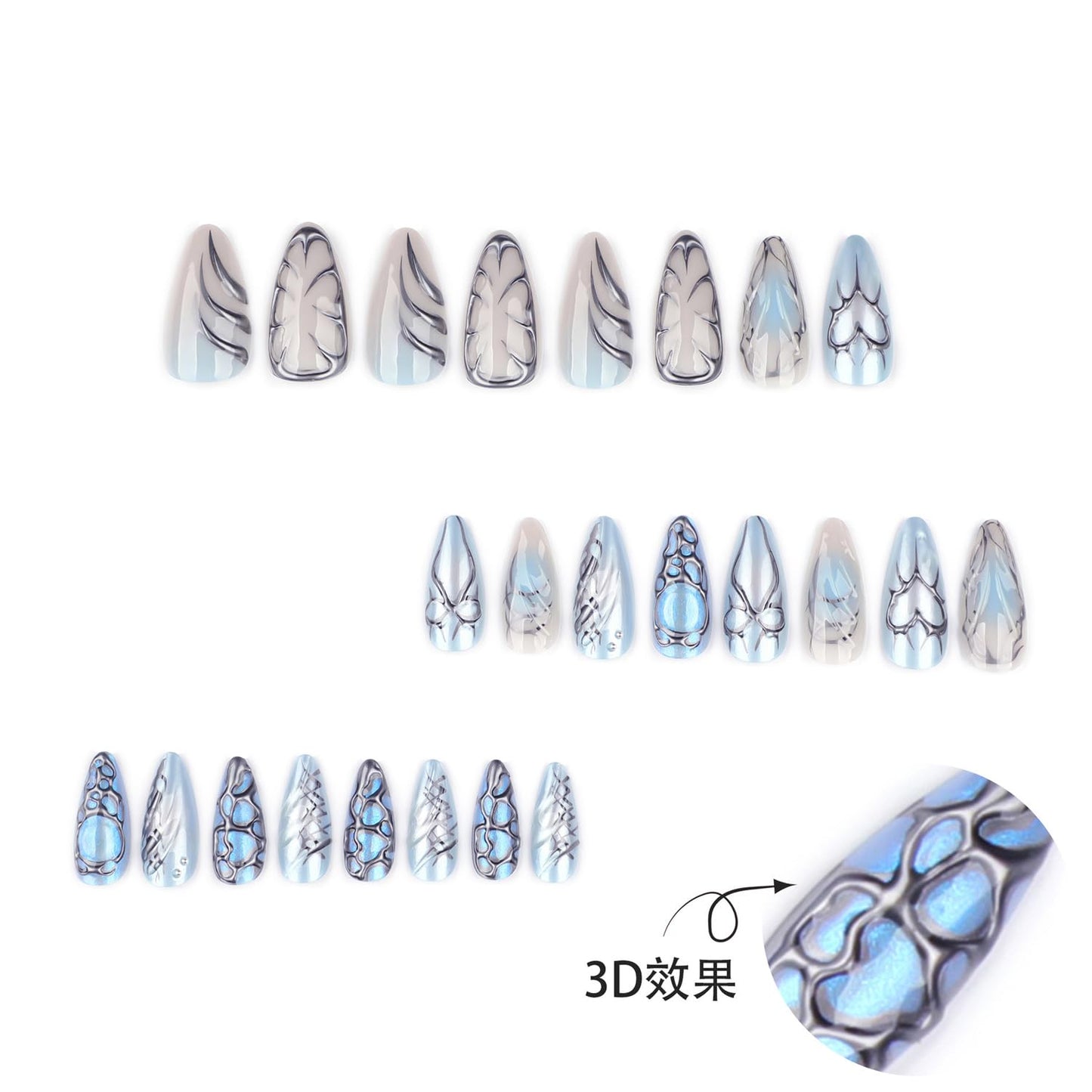 24Pcs Chrome Silver Press on Nails Short Almond Fake Nails Y2K Heart Bow Design False Nails Irregular Silver Line Acrylic Nail Blue Smudge Glossy Full Cover Metallic Artificial Stick on Nail for Women