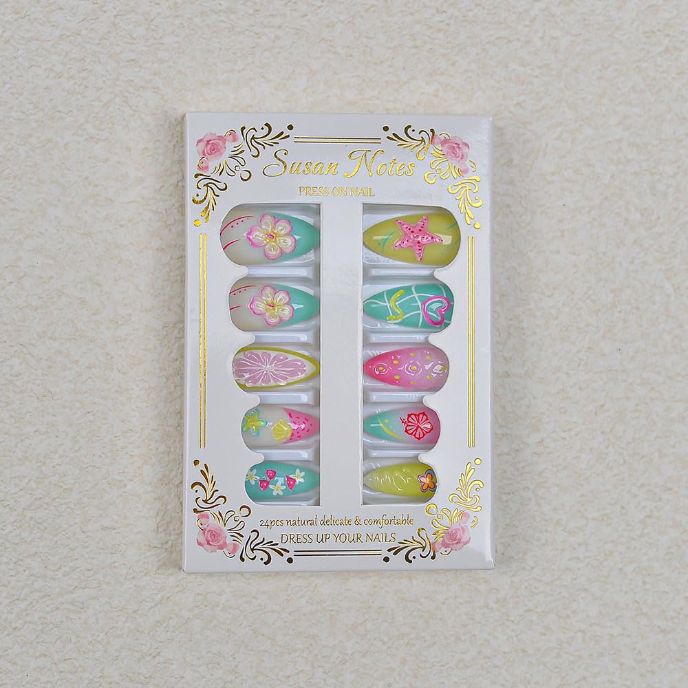 24Pcs Summer Press on Nails Medium Almond Fake Nails with 3D Starfish Flowers Designs Summer Beach False Nails Pearl Glue on Nails Handmade Full Cover Acrylic Nails Stick on Nails for Women DIY