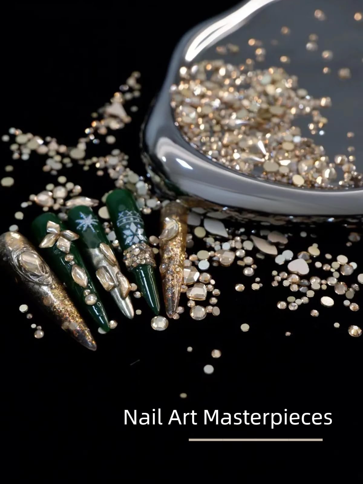 AMLAVIFISH Gold Rhinestones for Nails, 6080Pcs Gold Nail Art Rhinestones Kit, 3D Flatback Crystals Diamonds for Nail Art Design, Mix Sizes Nail Charms and Gems(Tweezers Included)