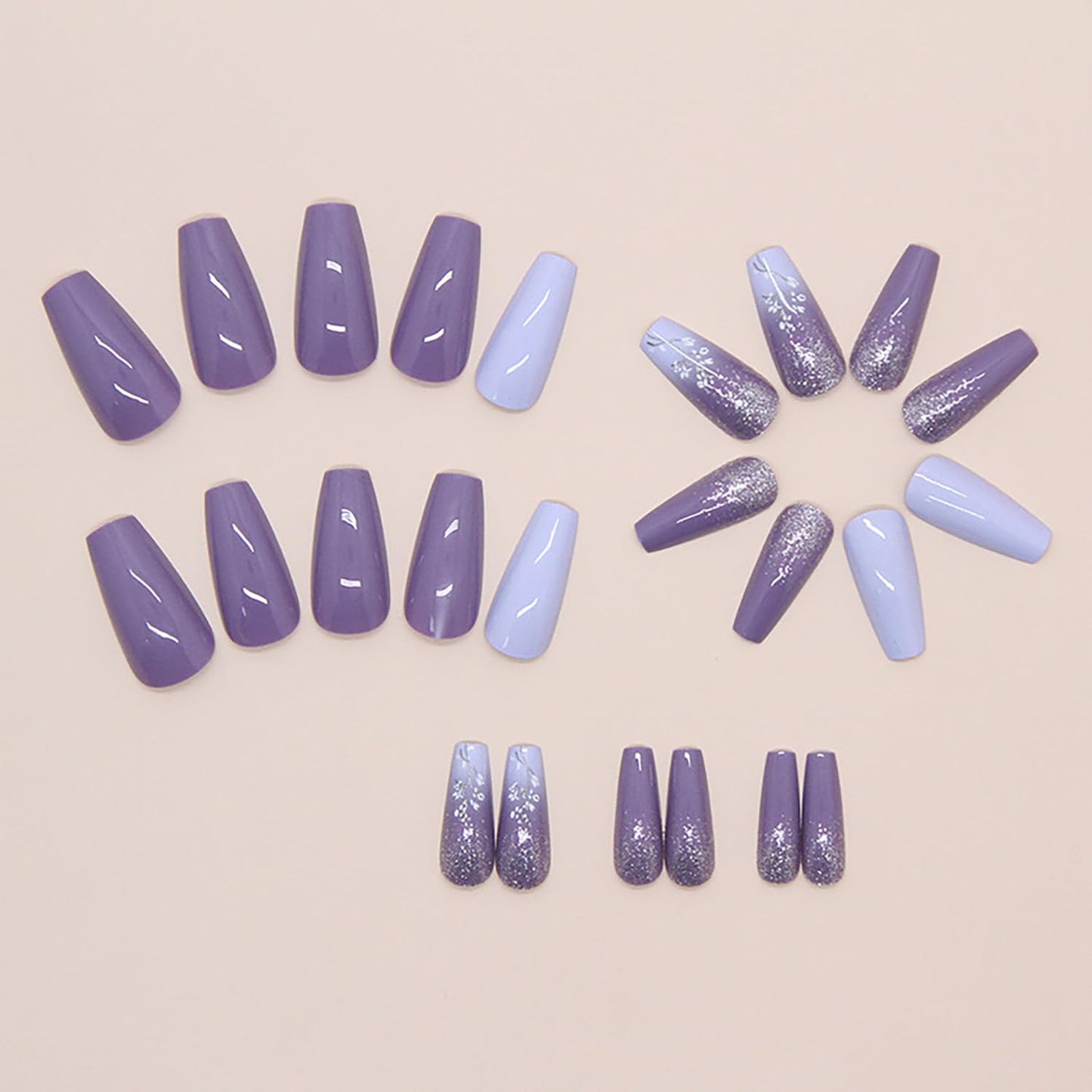 Purple Gradient Press on Nails Medium Length Flower False Nails Purple Glitter Powder Design Glossy Acrylic Nails Ballet Shaped Stick on Nails Full Cover Glue on Nails Artificial Nails for Women 24Pcs