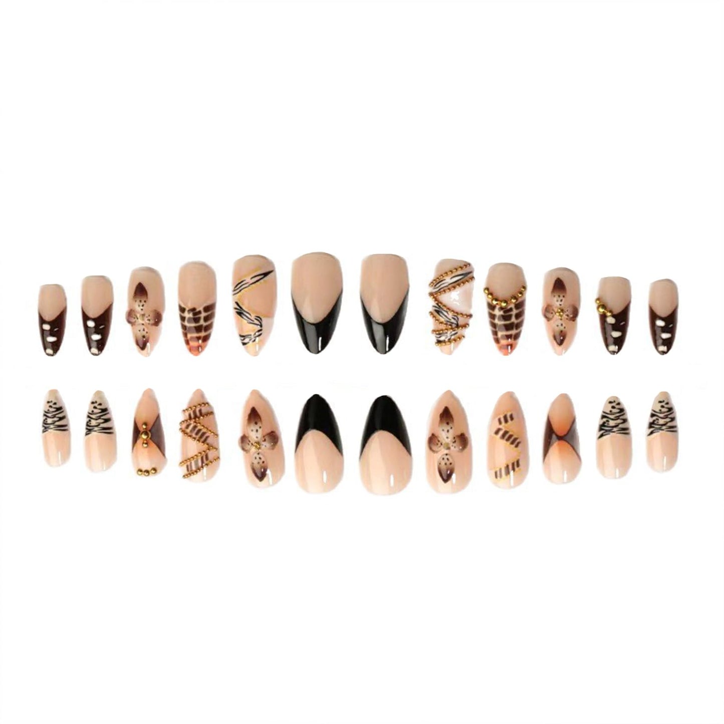 SINHOT Press on Nails - Medium Almond Fake Nails, Glossy Finish, Zebra Stripes & 3D Flower, DIY Artificial False Nail Art - 24 Pcs Nail Kit with Glue