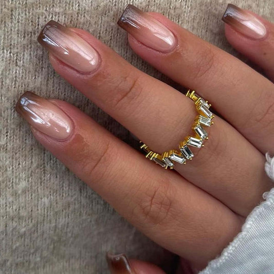 LINMEIZAI Press on Nails Short Square, Brown Ombre Fake Nails Glue on Nails Fake Nails Press ons with Glossy Designs, Cute Glossy Acrylic Nail Kit for Women Girls, Reusable False Nails, 24 Pcs