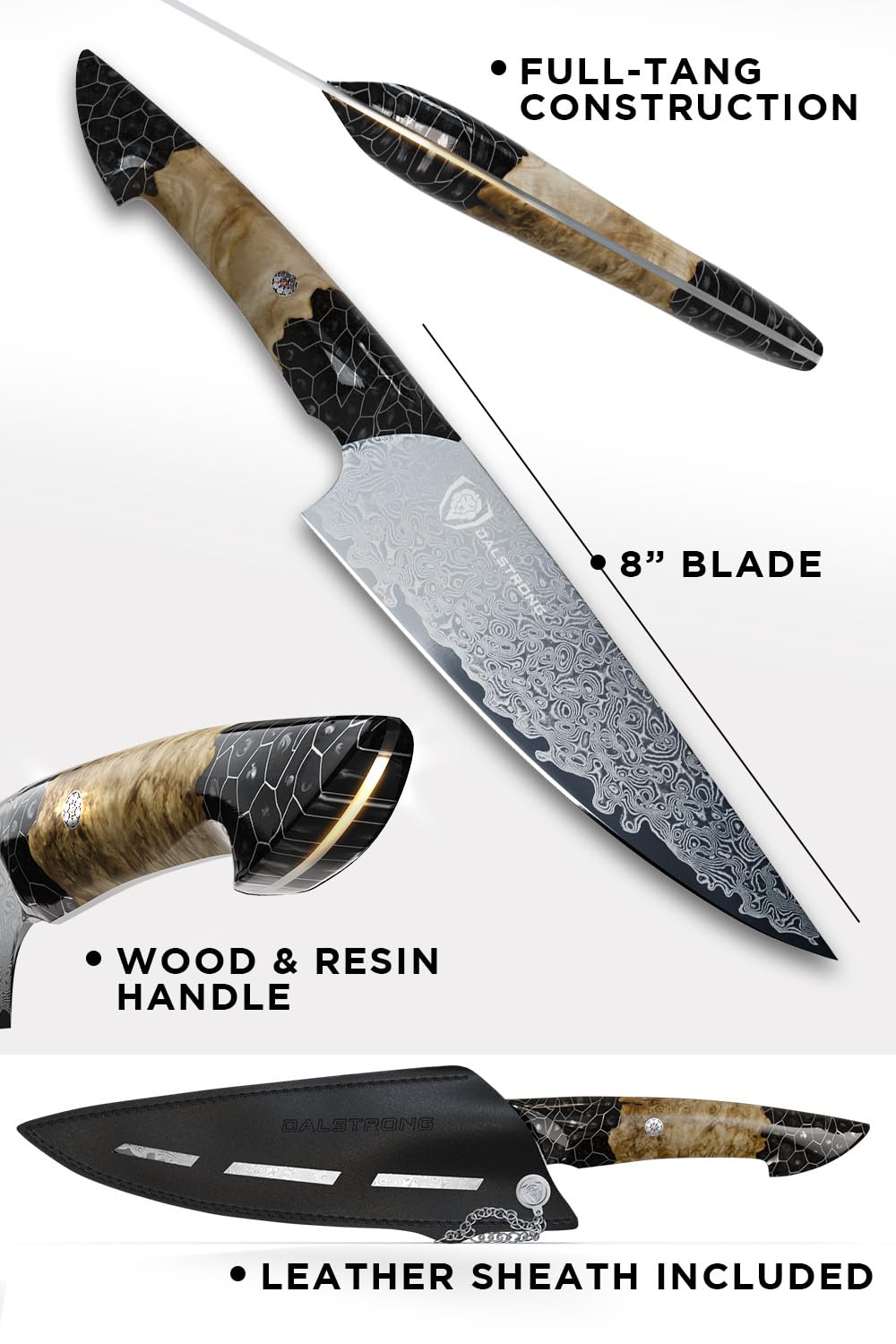 Dalstrong Chef Knife Professional- 8”-Scorpion Series - Venom Edition - Japanese Steel Chef Knife - Spiral Sandstorm Blade Pattern - Black Honeycomb Resin Handle - w/Chef Knife Leather Sheath