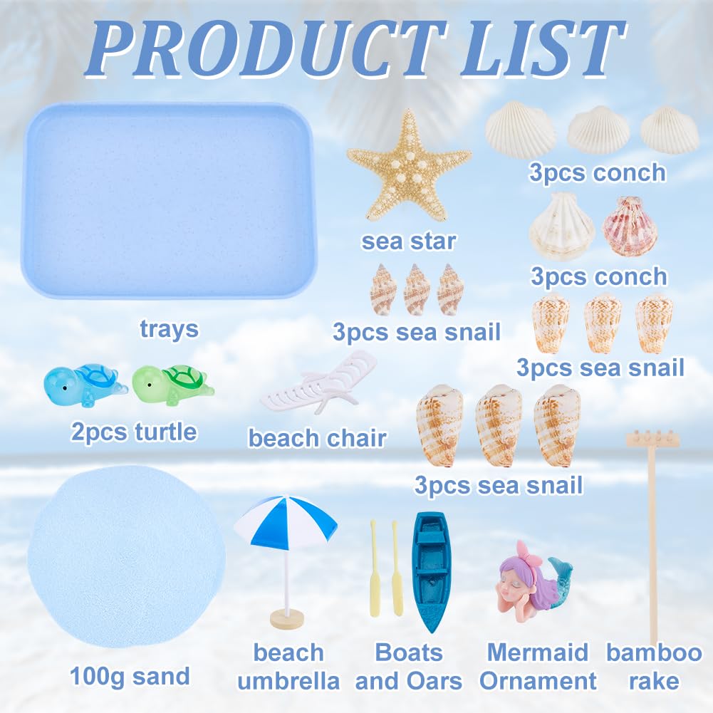 WEBEEDY Ocean Themed Desktop Zen Garden Kit Meditation Decor,Mini Japanese Sandbox Miniature Beach Zen Garden Sand Tray with Shells Starfish Conch Mermaid Ornaments Therapy Office Decor,9.4x6.8inch