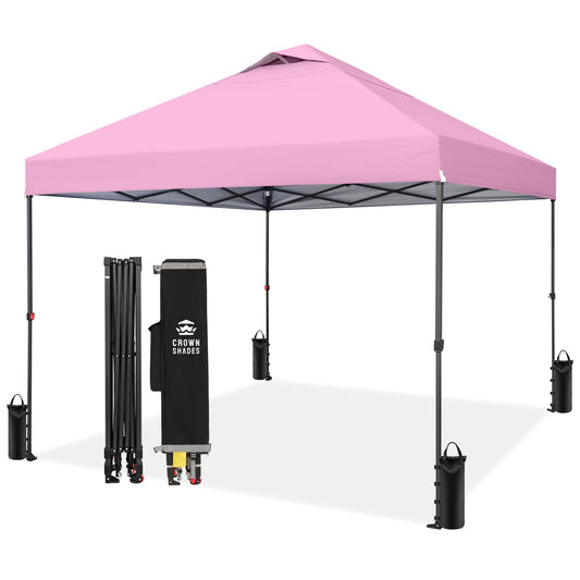 CROWN SHADES 10x10 Pop Up Canopy Tent - Patented Center Lock One Push Instant Outdoor Canopy Beach Tent with STO-N-Go Bag 8 Stakes & 4 Sand Bags，Pink