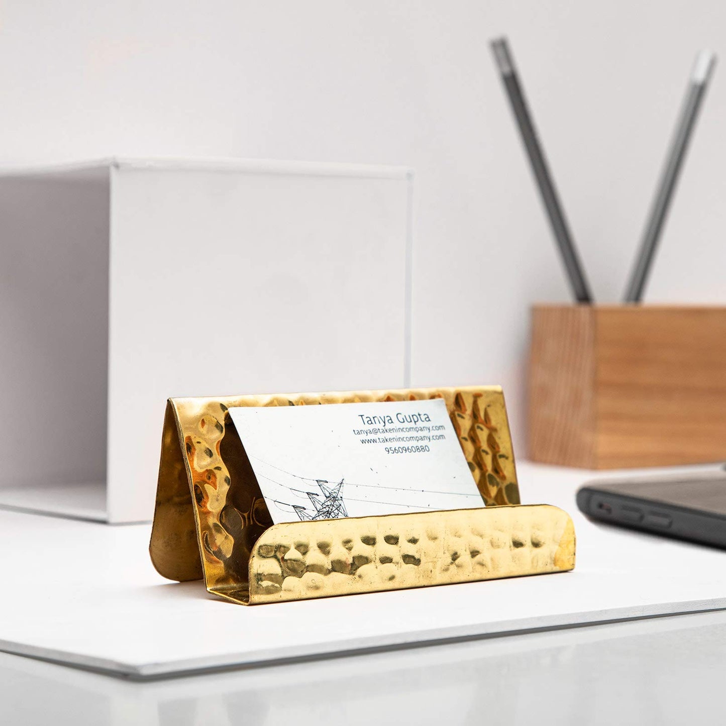 GoCraft Business Card Holder Stand | Fits 20-30 Business Cards (Pure Brass)