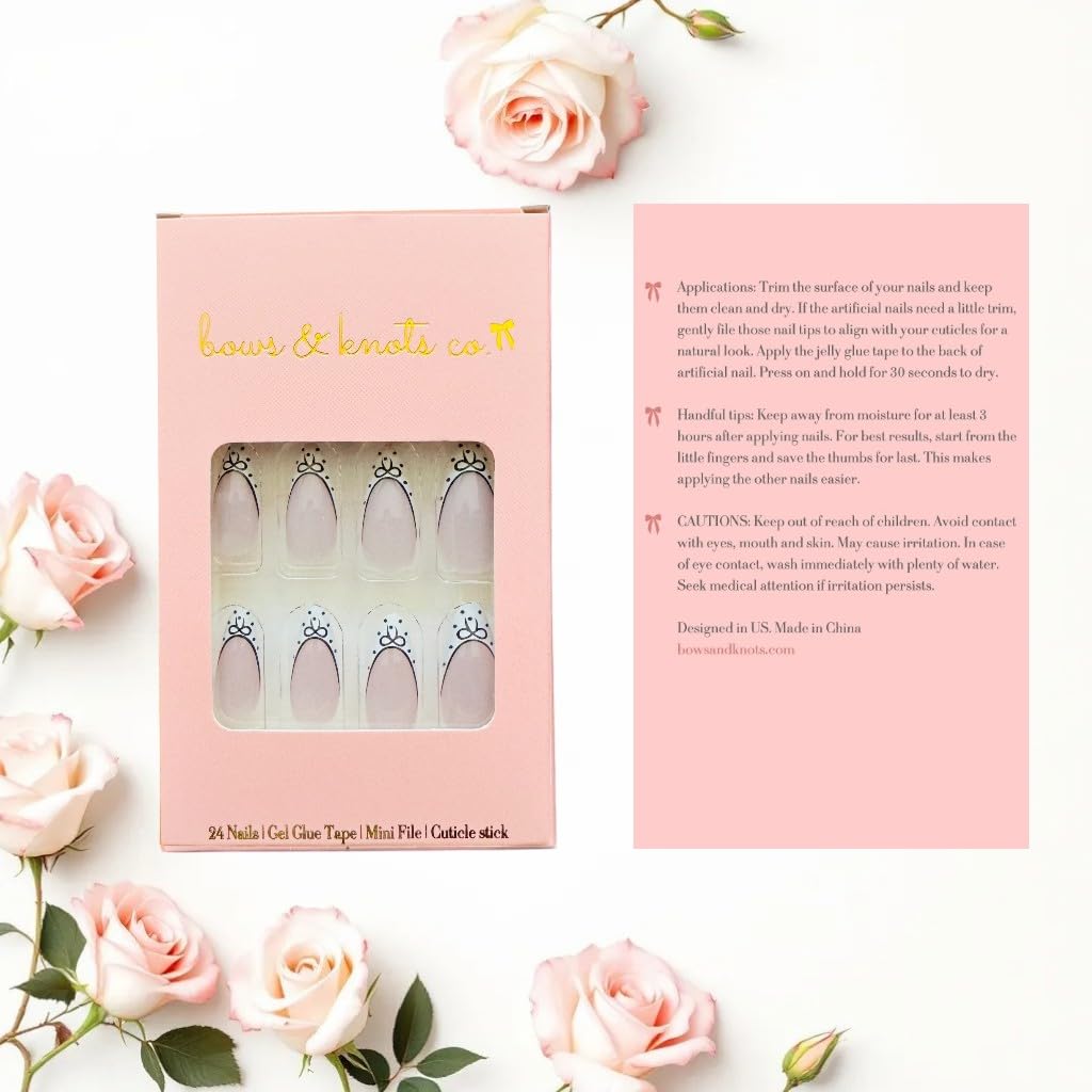 24 Pcs Press On Nails Short, Soft Gel Fake Nails, Glossy, Durable & Reusable, Easy to Apply Glue On Nails for Women By Bows And Knots
