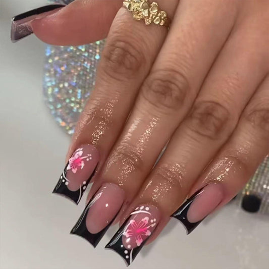 IMSOHOT Medium Press on Nails Square Black French Tips Fake Nails Artificial Full Cover Pink Flower False Nails Reusable Gel Nail Kit Glossy Glue on Nails for Women Girls 24Pcs, Purple
