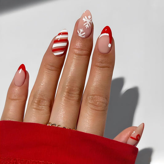 French Tip Press on Nails Christmas Press on Nails Medium Almond Fake Nails with Snowflake Designs Santa's Hat Acrylic False Nails for Women Girls Red White Stripe Stick on Nails 24Pcs Manicure Art