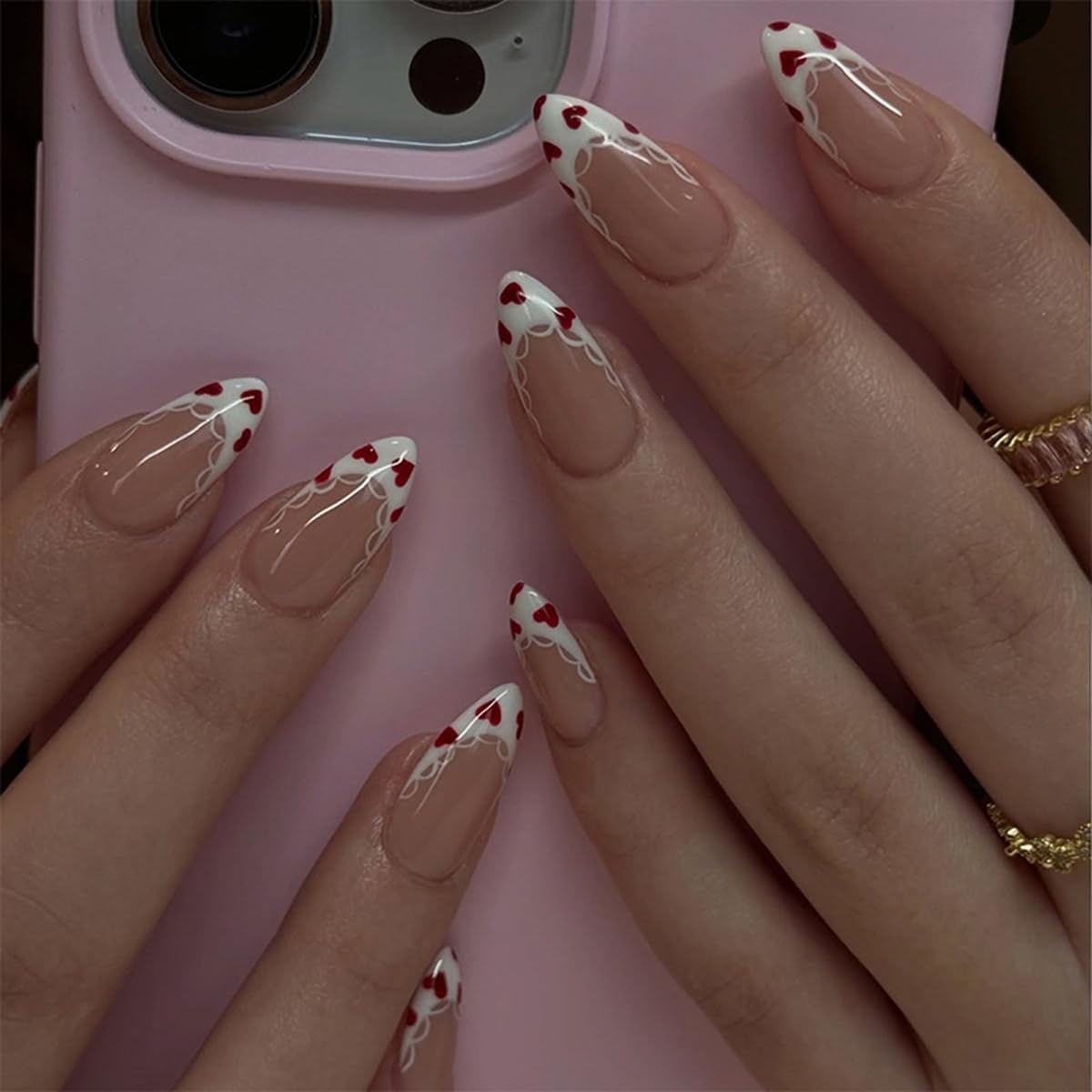 Valentines Press On Nails Short Almond Fake Nails White Lace French Tip False Nails Press ons with Heart Design Glossy Acrylic Full Cover Stick on Nails for Women Girls Date Manicure 24Pcs