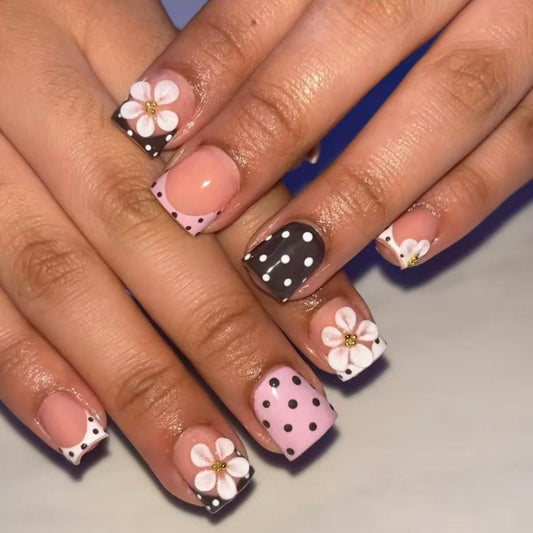 Polka Dot Press on Nails Short - Square Fake Nails with 3D Flower Designs Spring Glue on Nails Pink & Brown French Tip Nails Press ons Glossy Full Cover Stick on Nails for Women Girls 24Pcs
