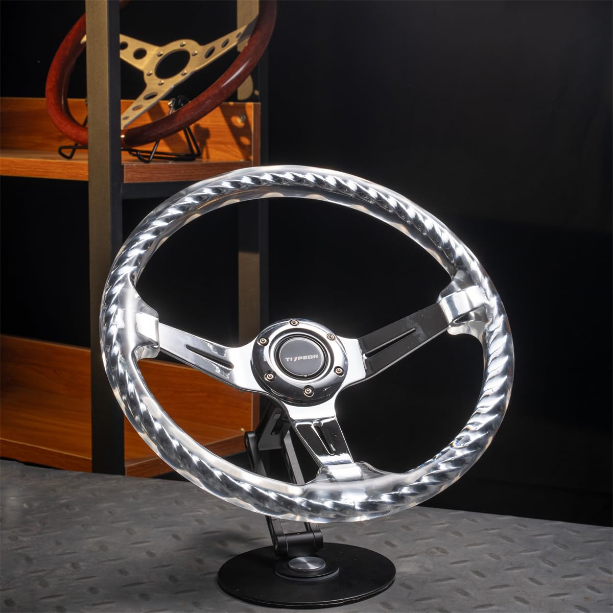 TIYPEOR Hitman Style 14 Inch Car Steering Wheel universal 350mm Clear Metal Twisting Steering Wheel with Accessories