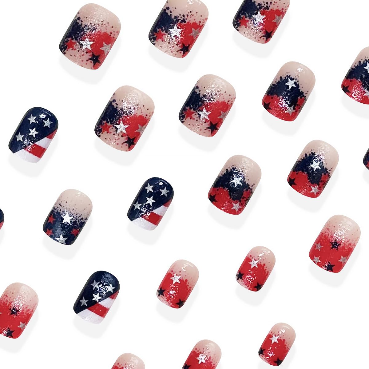 24Pcs Independence Day Press on Nails Short Square Fake Nails Glitter French Tip False Nails with Red Blue White Star Design 4th of July Artificial Stick on Nails Patriotic Glue on Nail for Women
