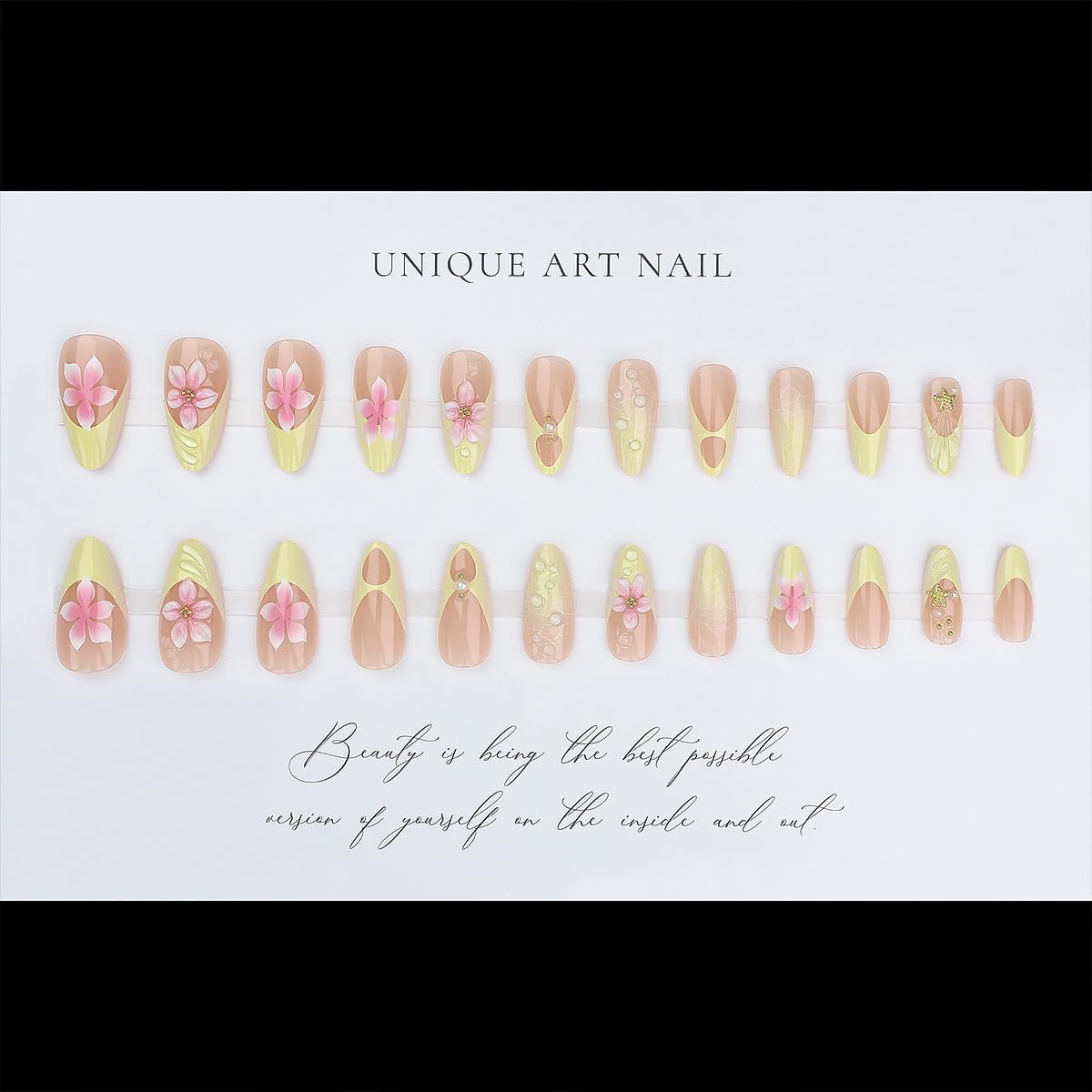 24Pcs Flower Press on Nails Medium Almond Fake Nails Yellow French Tip False Nails with 3D Pink Flower Dewdrop Design Pearl Gems Artificial Stick on Nails Full Cover Glue on Nail for Women Manicure