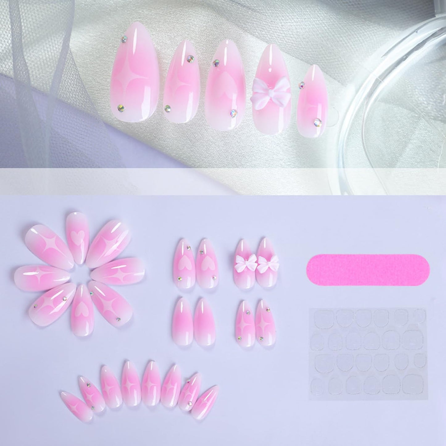 Pink Gradient Press on Nails Fake Nails Almond-shaped blush Bow Star with Rhinestones Design Glossy Stick on Nails Acrylic Artificial Nails Oval False Nails for Women Girls DIY Manicure Decoration