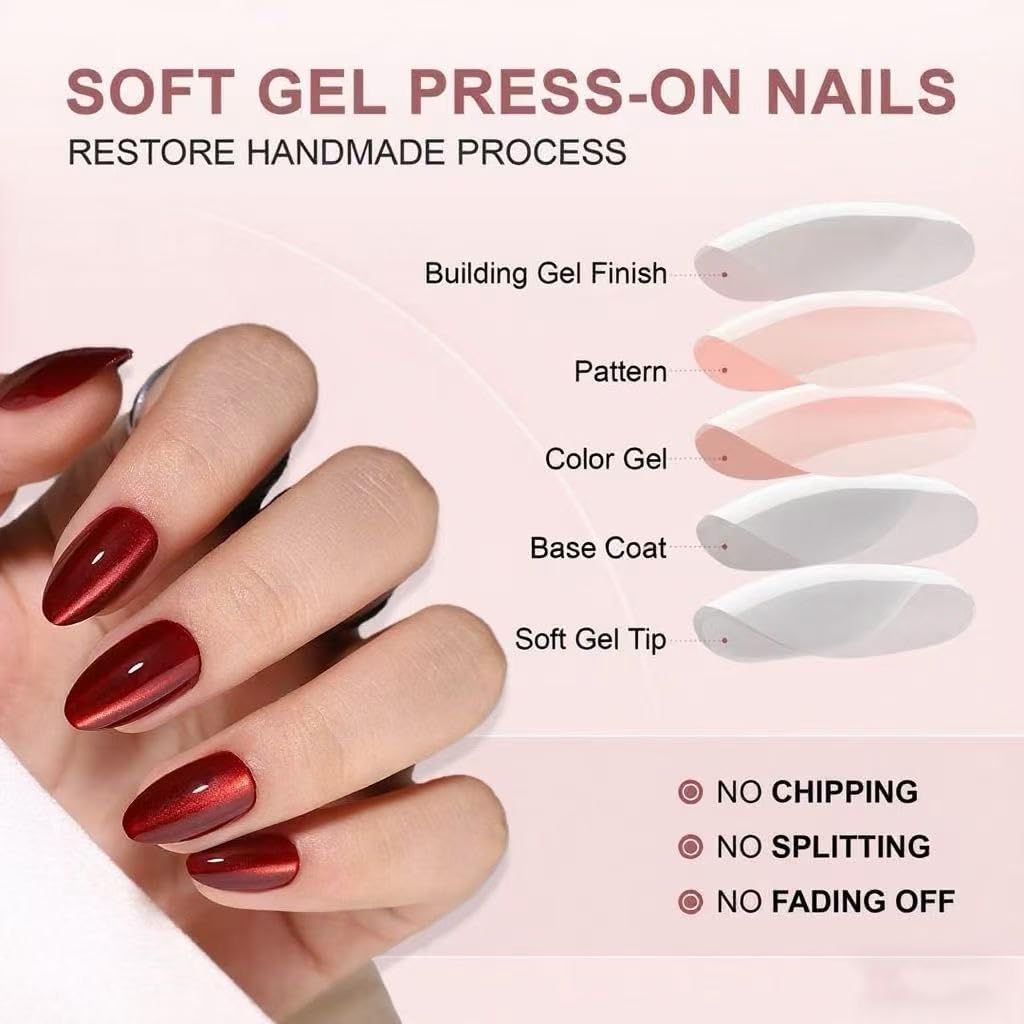 Red Magnet Short Almond Press on Nails - Aurora Mirror Chrome Cat Eye & Glitter Soft Gel Reusable Fake Nails for Women Girls, Daily Party Date, 32 Pcs 16 Sizes with Glue Kit