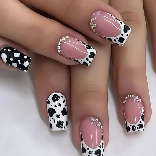 24 Pcs French Tip Press on Nails Short Square Shaped Fake Nails with Cow Print and Rhinestones Design Pink Glossy Leopard Acrylic Nails Full Cover Stick on Nail for Women Nail Manicure Decoration