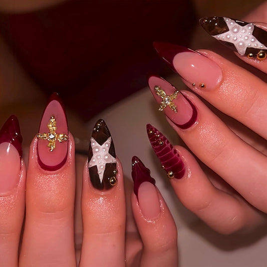 IMRAIN Press on Nails Medium Almond Fake Nail with White Pearl Star, Wine Red French, Golden Cross Designs Full Cover Glossy Glue on Nails for Women 24Pcs Acrylic Handmade False Nails